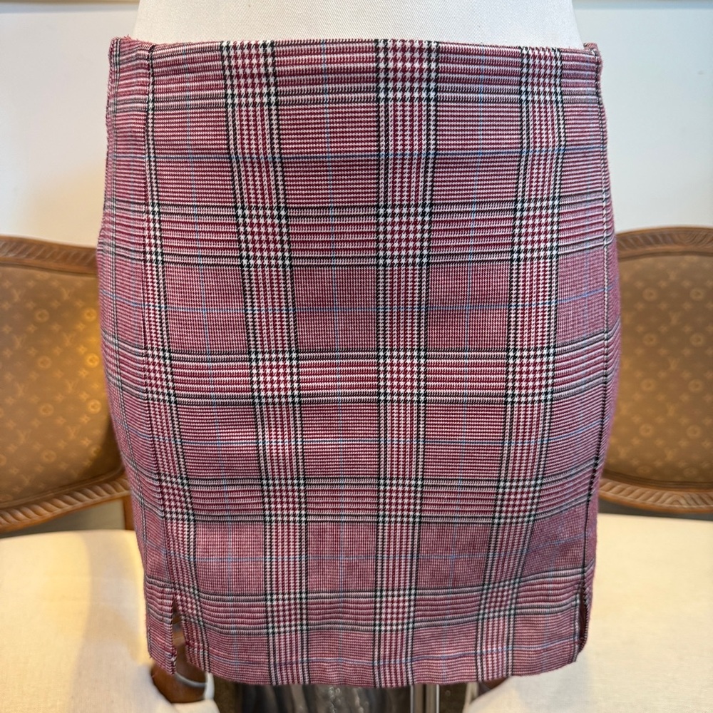 John Galt Red Tartan Plaid Mini Pencil Skirt, Size XS/S
